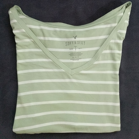 American Eagle Outfitters Tops - AE green and white stiped V neck t-shirt